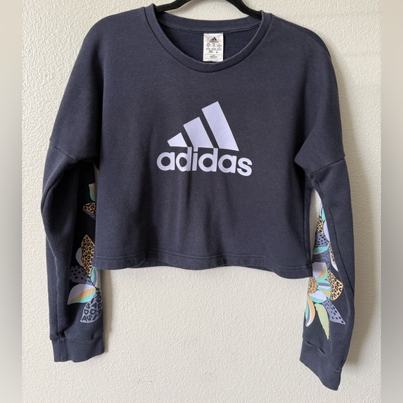 Adidas Cropped Crewneck Sweatshirt Floral Graphic Sleeves | XS - Picture 2 of 11